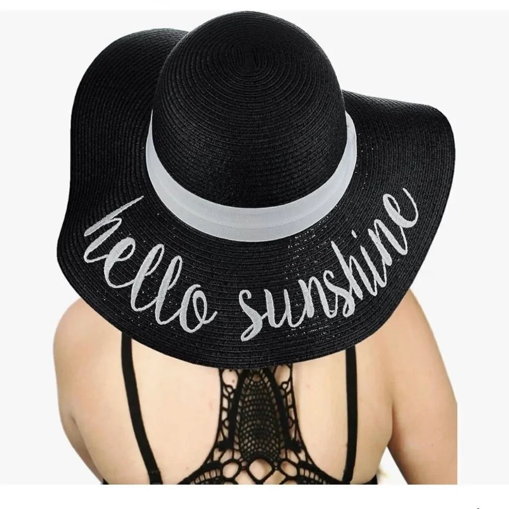 NEW! CC Women's Paper Weaved Beach Hello Sunshine Embroidered Floppy Brim hat